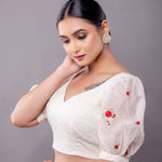 White Hakoba Blouse with Floral Puff Sleeves - Anvi Couture