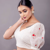 White Hakoba Blouse with Floral Puff Sleeves - Anvi Couture