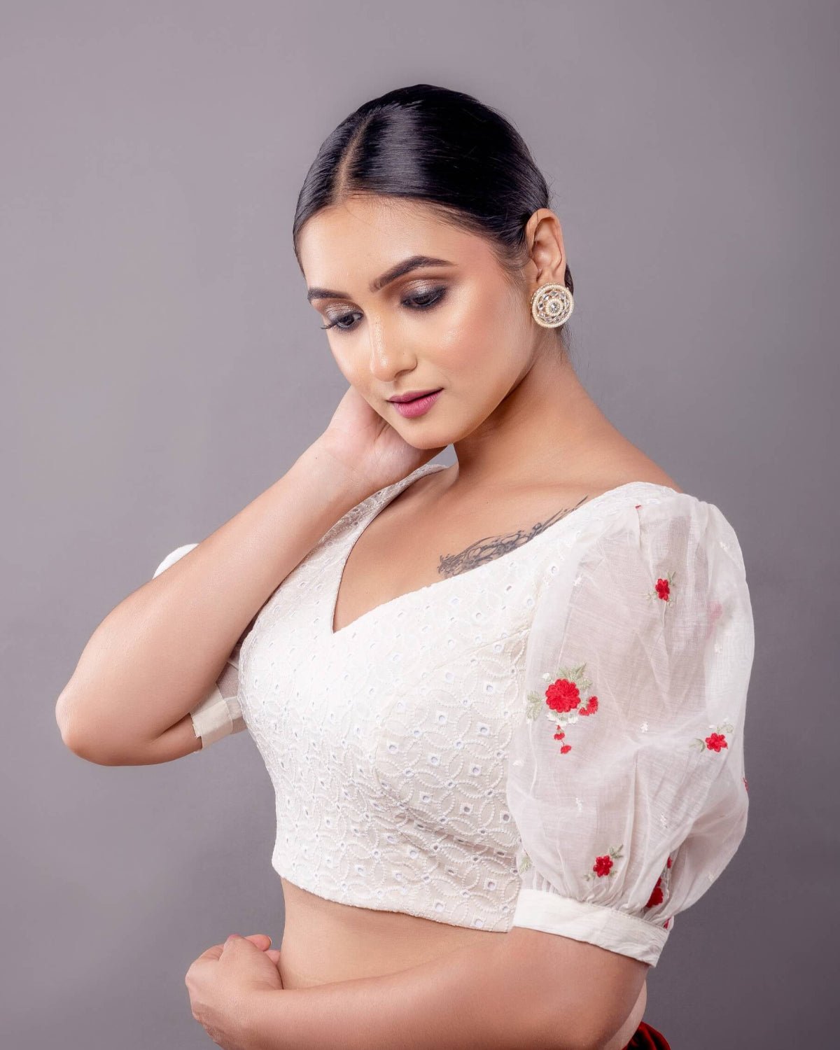 White Hakoba Blouse with Floral Puff Sleeves - Anvi Couture