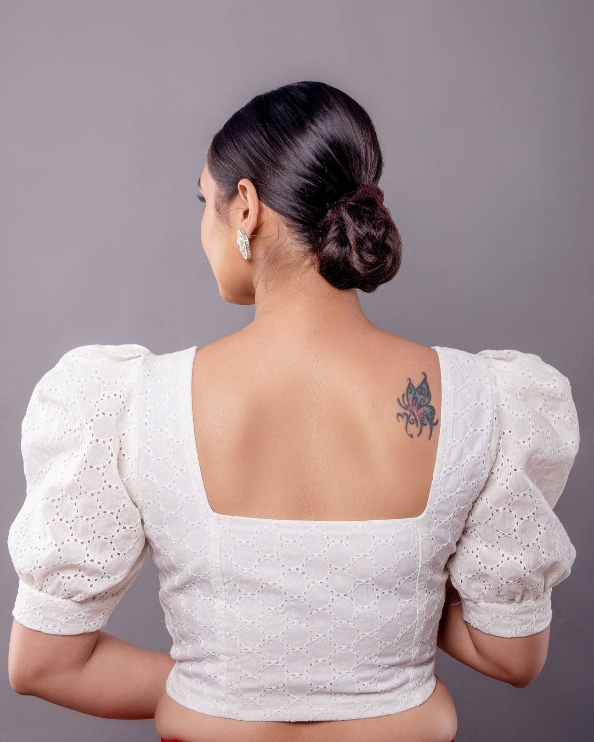 White Hakoba Blouse with Puff Sleeve and Sweetheart Neckline - Anvi Couture