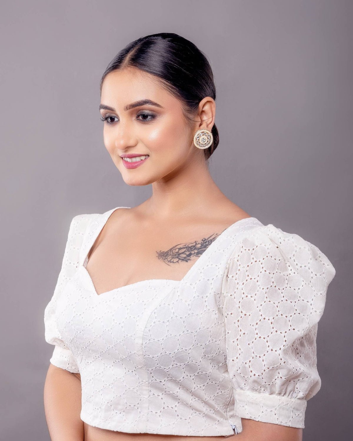 White Hakoba Blouse with Puff Sleeve and Sweetheart Neckline - Anvi Couture