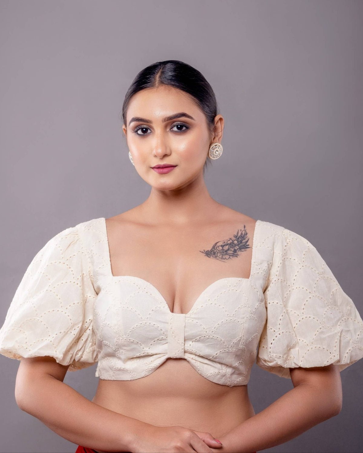 White Hakobe Bow - Style Blouse with Puff Sleeves - Anvi Couture