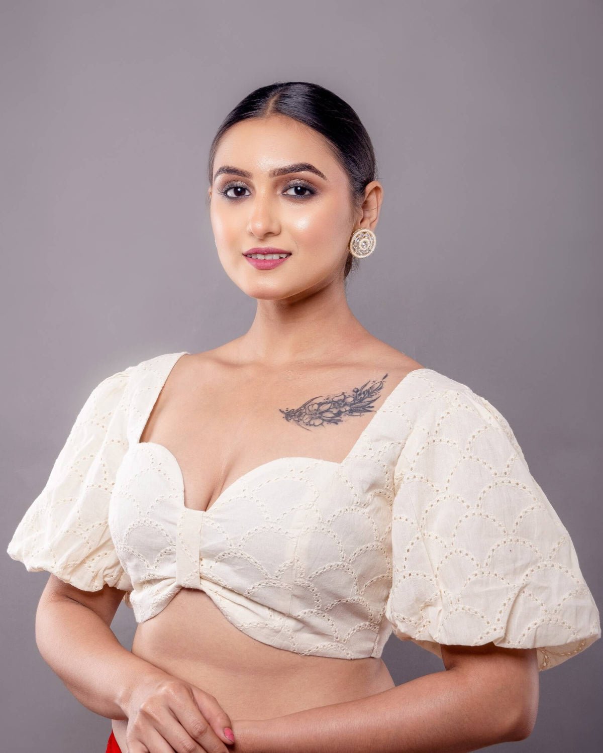 White Hakobe Bow - Style Blouse with Puff Sleeves - Anvi Couture