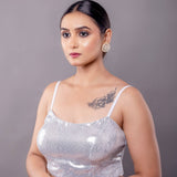 Silver Sequin Sleeveless Blouse in U Neckline - Anvi Couture