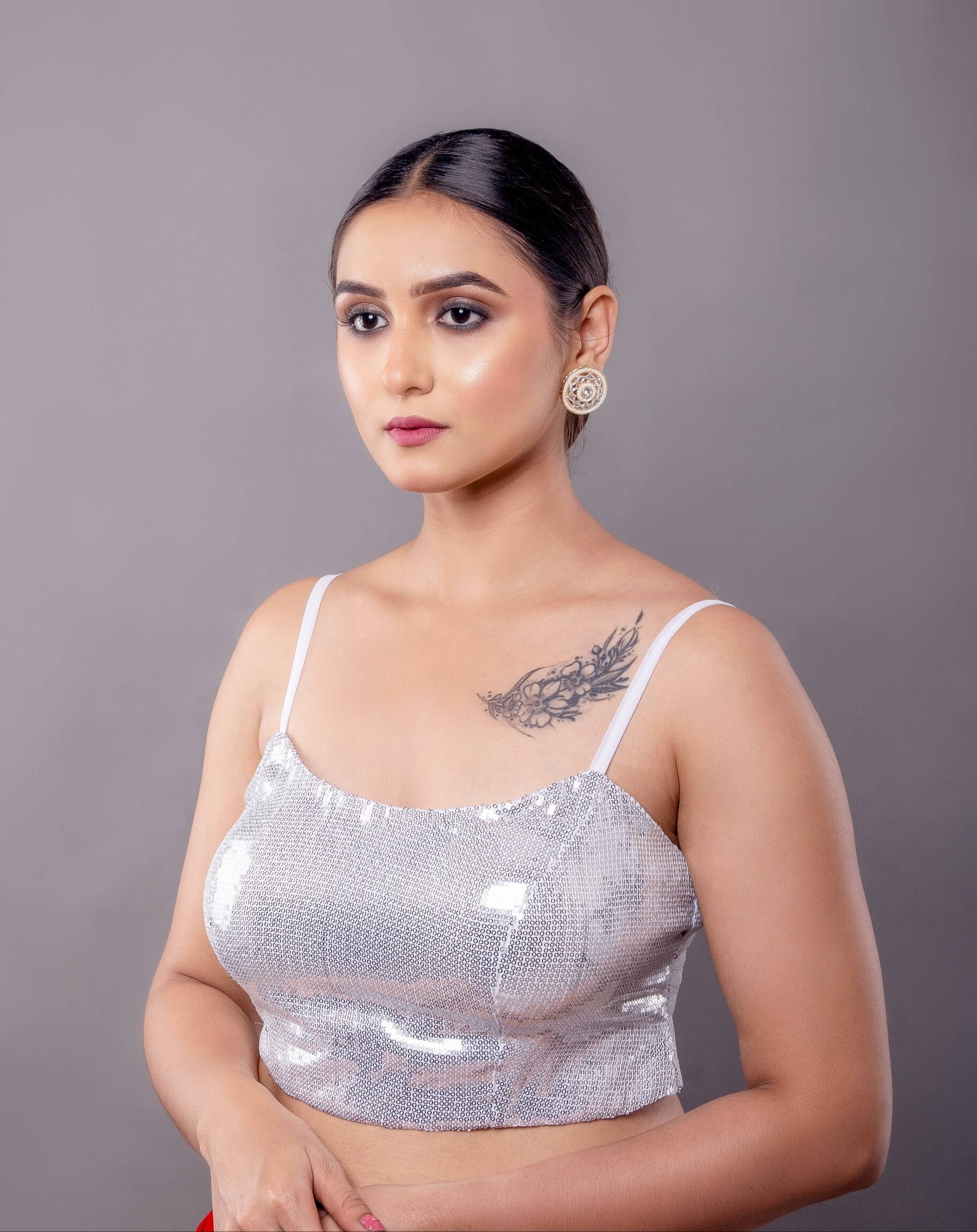 Silver Sequin Sleeveless Blouse in U Neckline - Anvi Couture