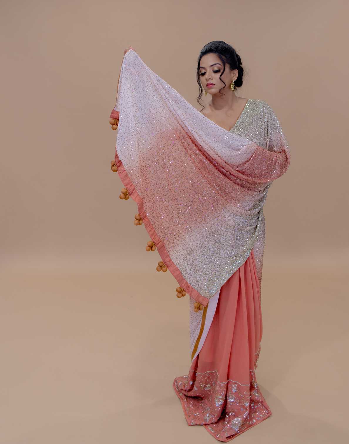 Peach and White Georgette Designer Saree With Sequin Work And Tassel Pallu - Anvi Couture