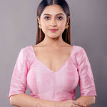 Baby Pink Color V Neck Blouse in Raw Silk with Half Sleeves - Anvi Couture