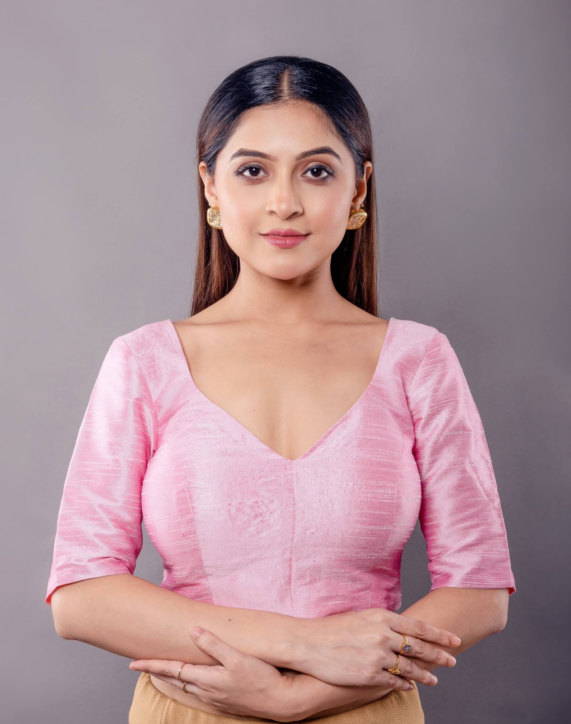 Baby Pink Color V Neck Blouse in Raw Silk with Half Sleeves - Anvi Couture