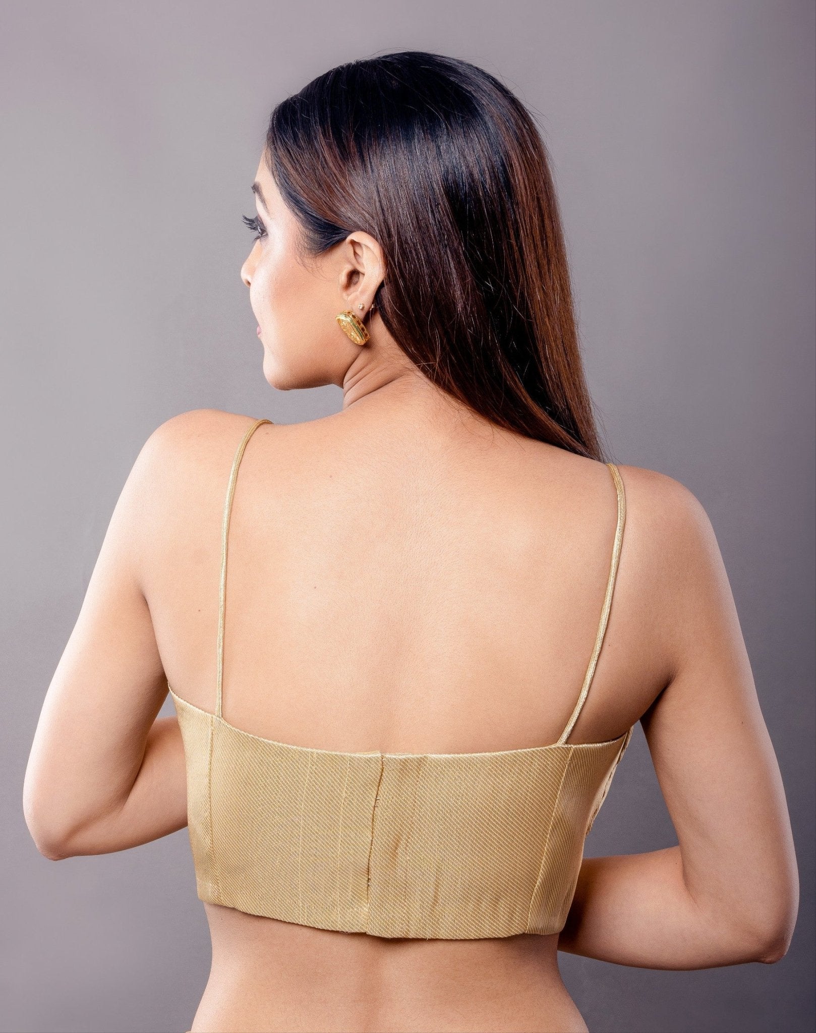 Golden Brocade Spaghetti Strap Blouse with Back Closure - Anvi Couture