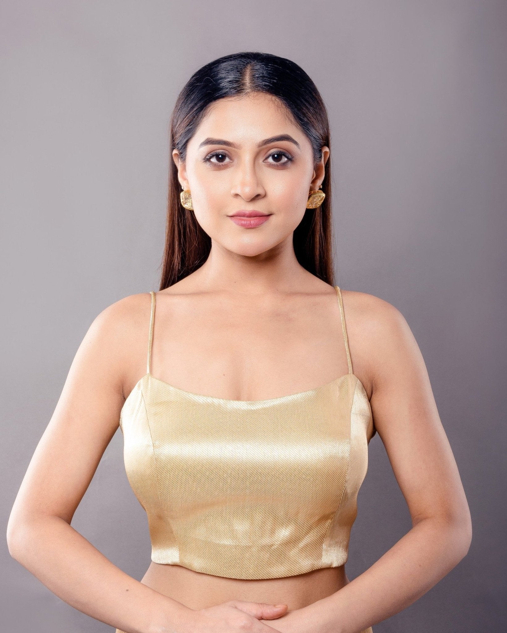 Golden Brocade Spaghetti Strap Blouse with Back Closure - Anvi Couture