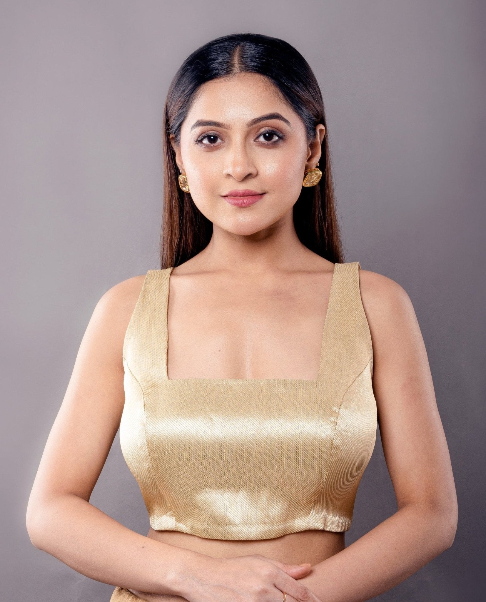 Golden Sleeveless Blouse with Square Neckline - Anvi Couture