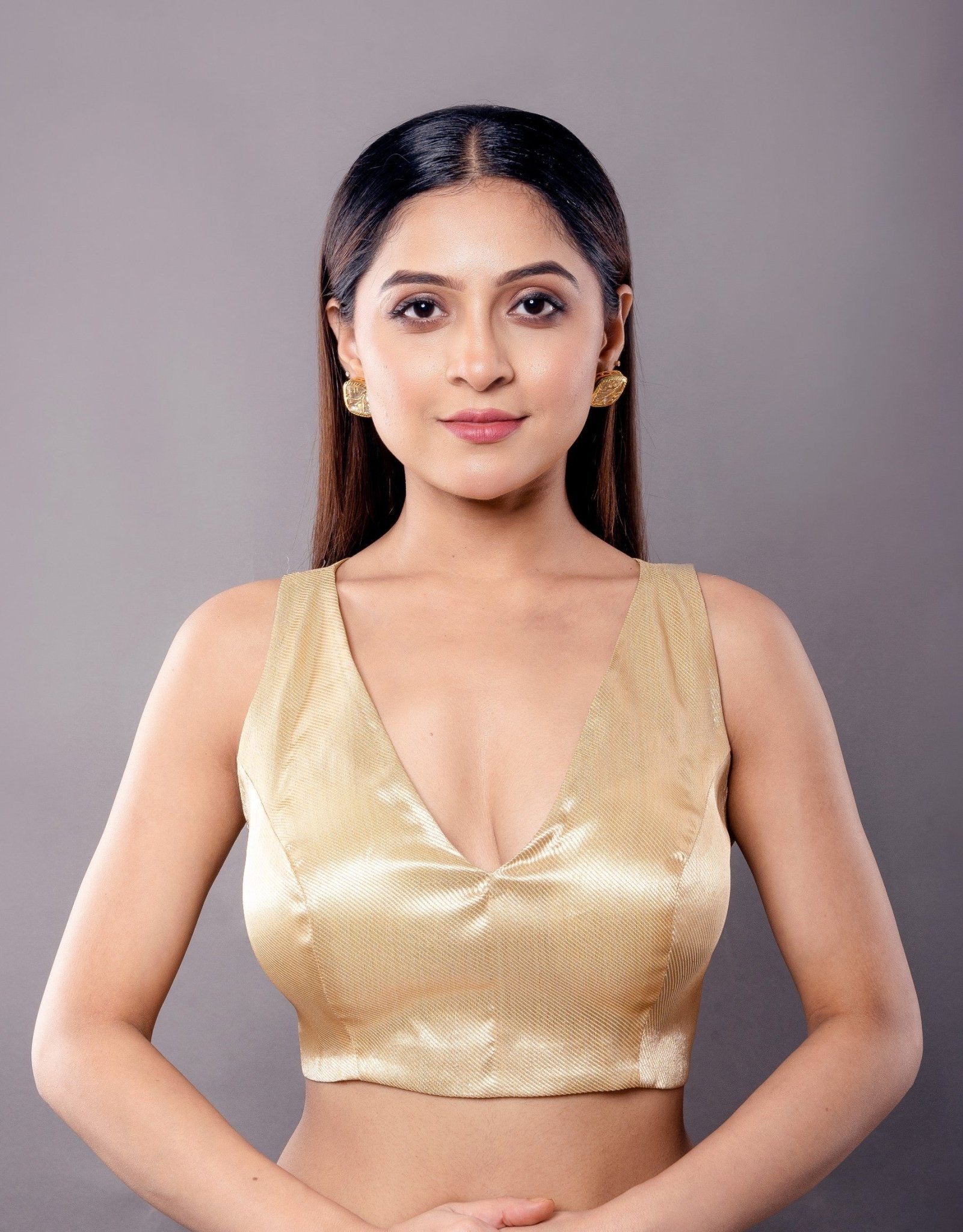 Golden V Neck Sleeveless Blouse with Back Closure - Anvi Couture