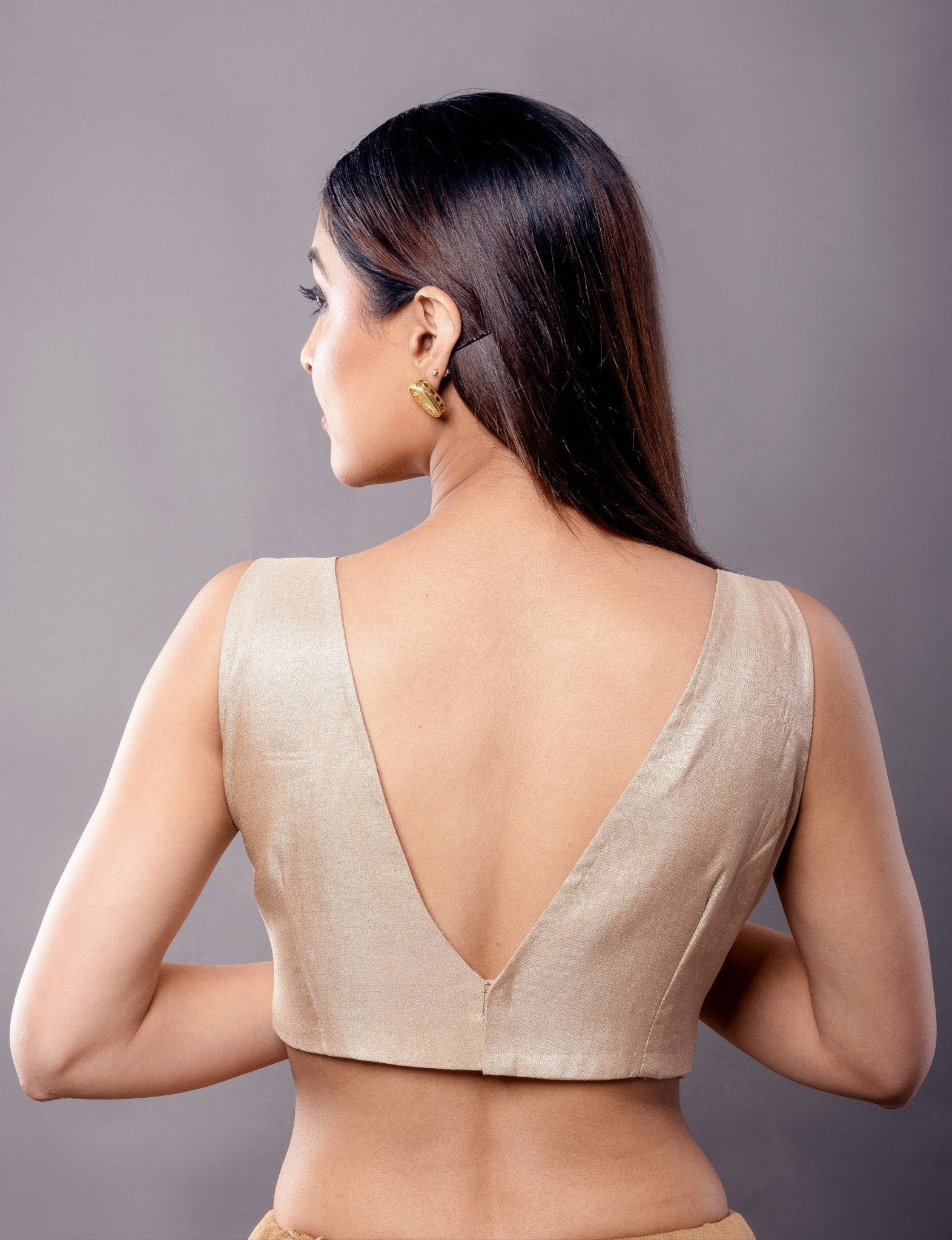 Matte Gold V Neck Blouse with Back Closure - Anvi Couture