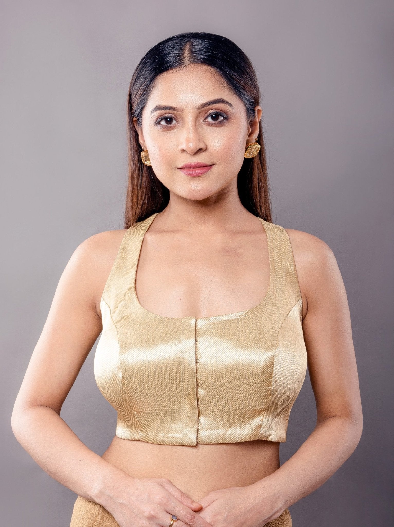 Golden Sleeveless U Neckline Blouse - Anvi Couture