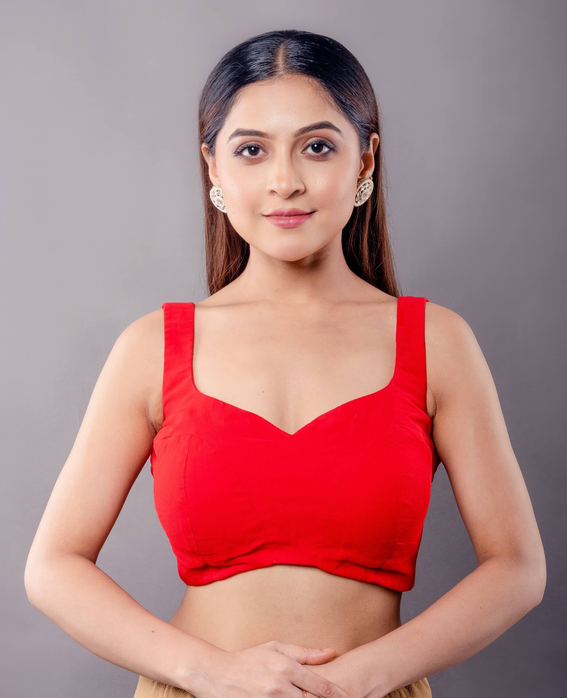 Crimson Red Sleeveless Blouse with Sweetheart Neckline - Anvi Couture