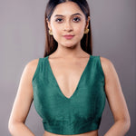 Green Sleeveless Blouse in Raw Silk with V Neckline and Back Closure - Anvi Couture