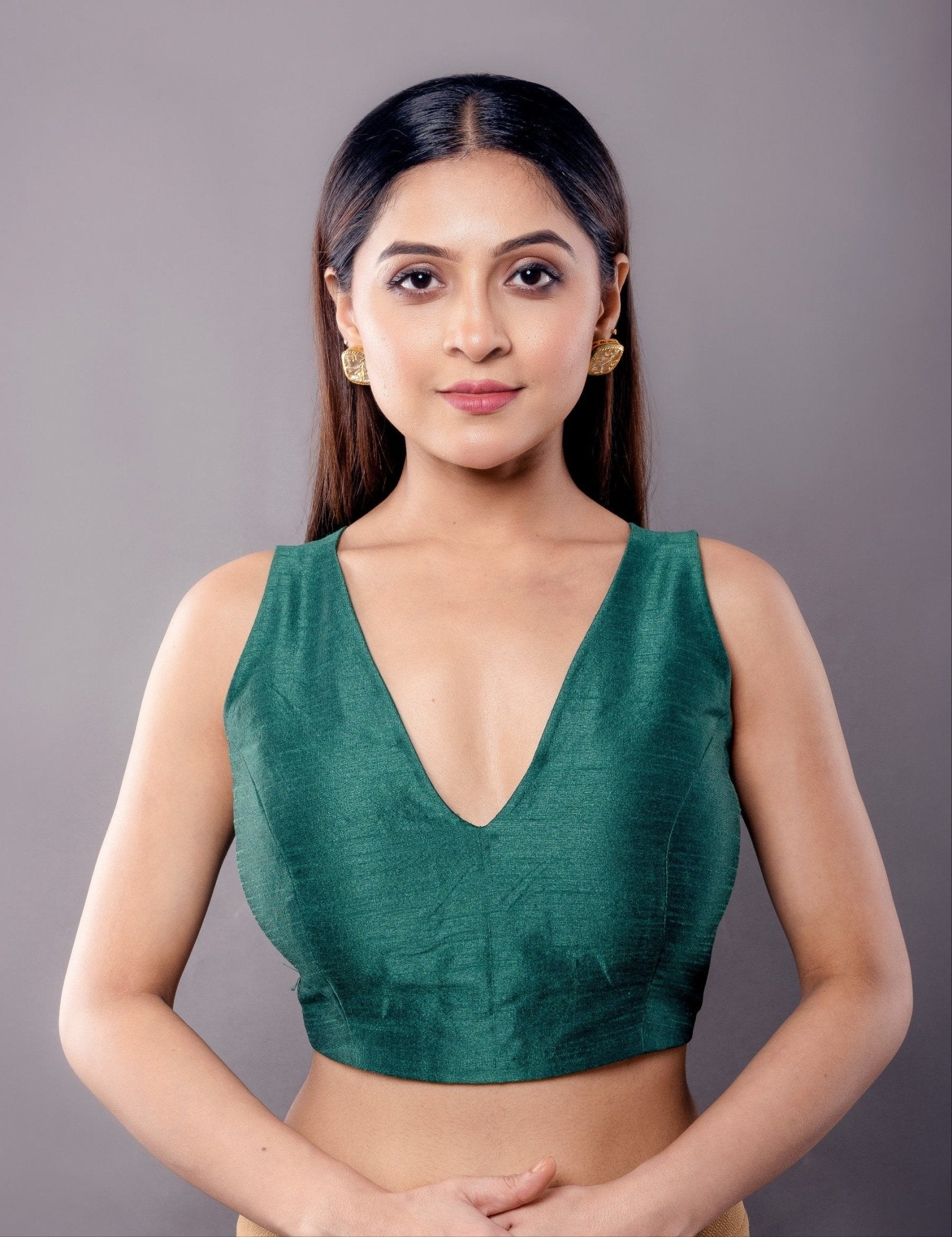 Green Sleeveless Blouse in Raw Silk with V Neckline and Back Closure - Anvi Couture