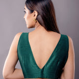 Green Sleeveless Blouse in Raw Silk with V Neckline and Back Closure - Anvi Couture
