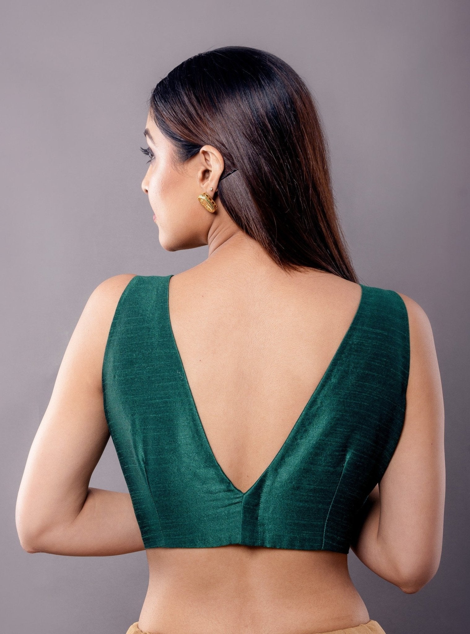 Green Sleeveless Blouse in Raw Silk with V Neckline and Back Closure - Anvi Couture
