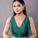 Green Sleeveless Blouse in Raw Silk with V Neckline and Back Closure - Anvi Couture