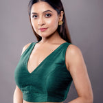 Green Sleeveless Blouse in Raw Silk with V Neckline and Back Closure - Anvi Couture