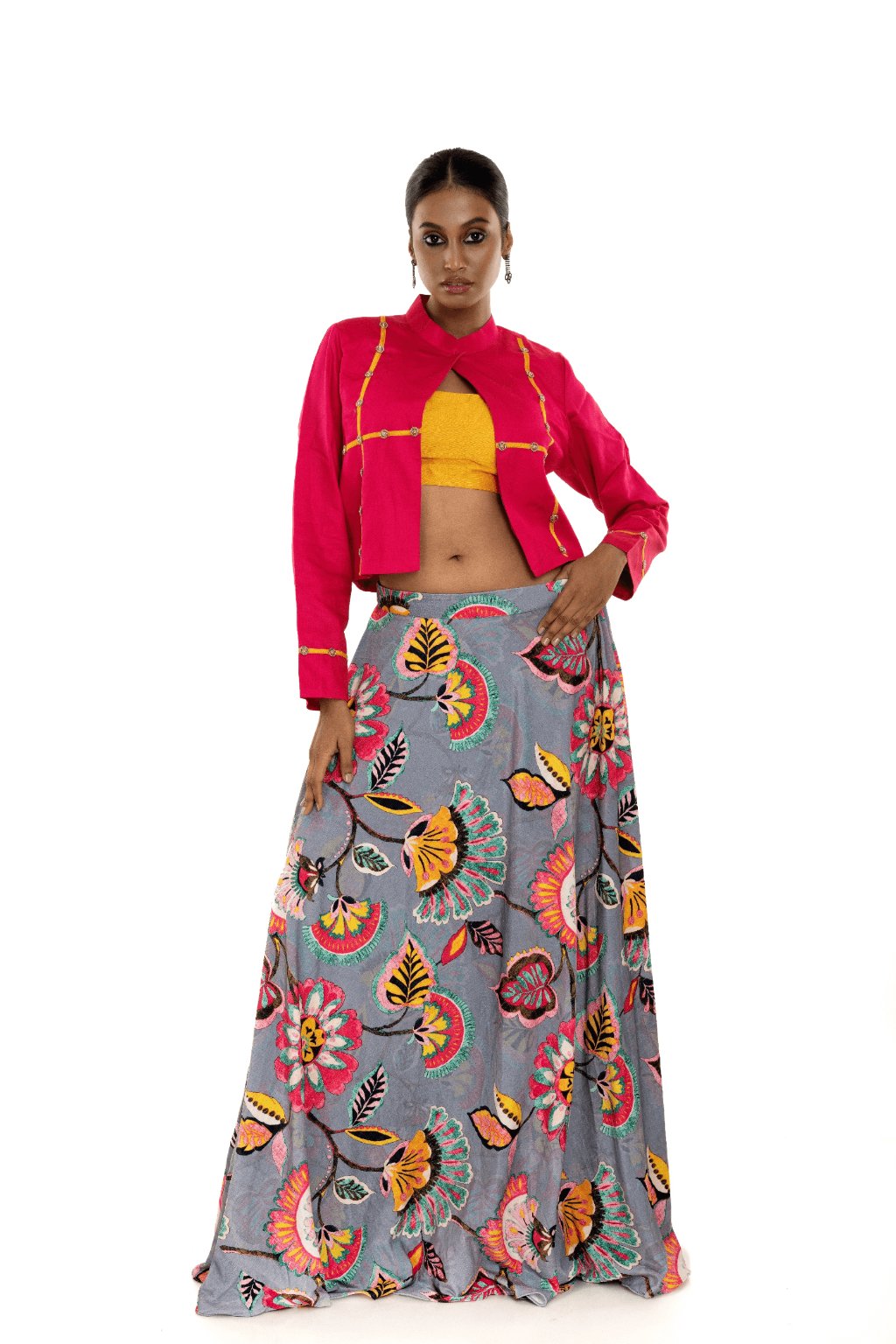 Pink Floral Printed Lehenga Set with Jacket - Anvi Couture