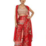 Red Cape Set with Embroidered Crop Top and Printed Palazzo - Anvi Couture