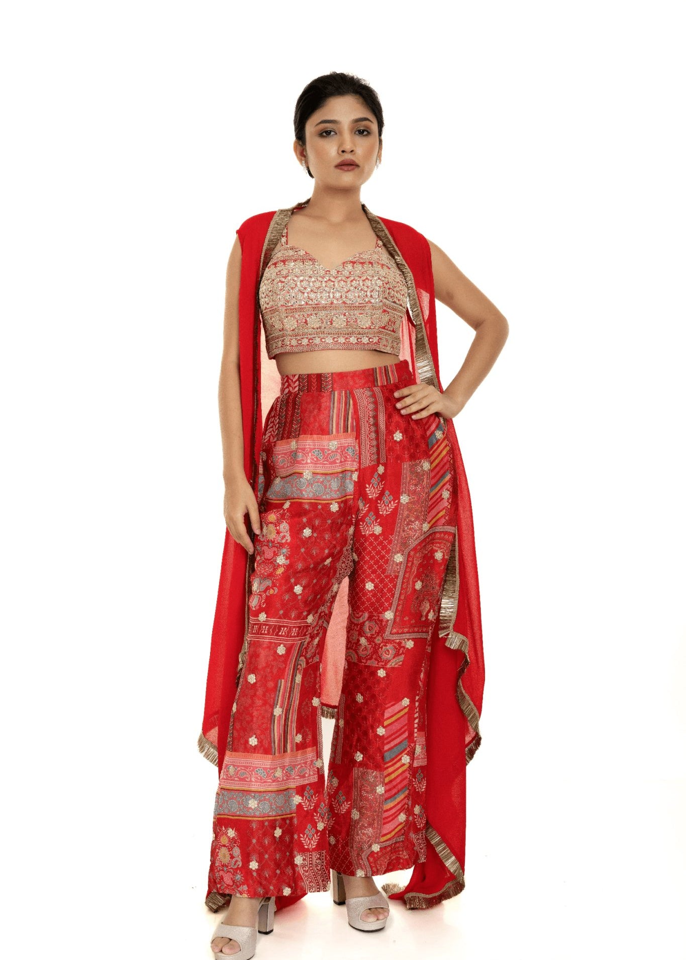 Red Cape Set with Embroidered Crop Top and Printed Palazzo - Anvi Couture