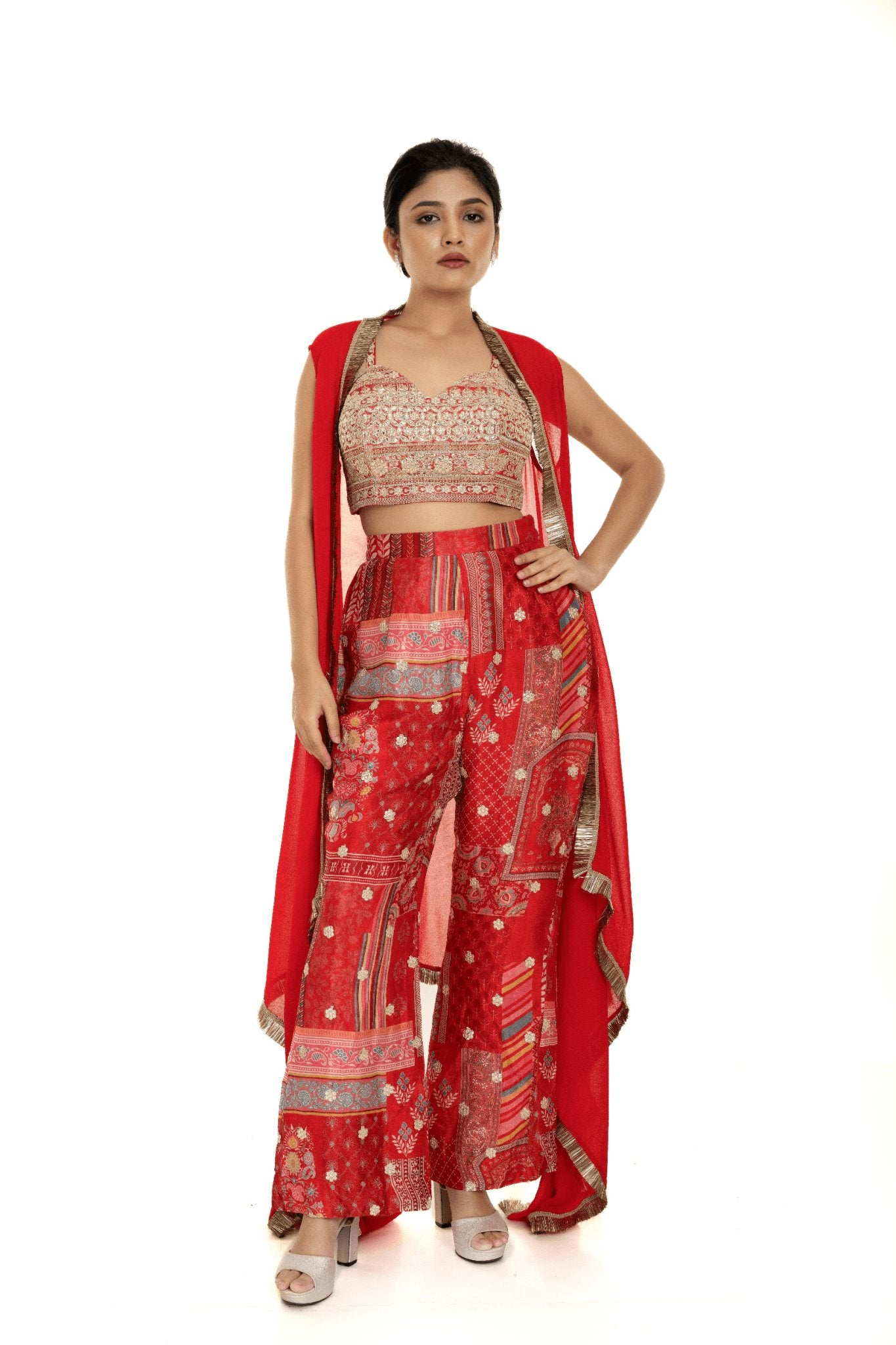 Red Cape Set with Embroidered Crop Top and Printed Palazzo - Anvi Couture