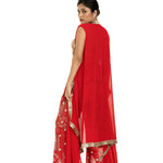 Red Cape Set with Embroidered Crop Top and Printed Palazzo - Anvi Couture