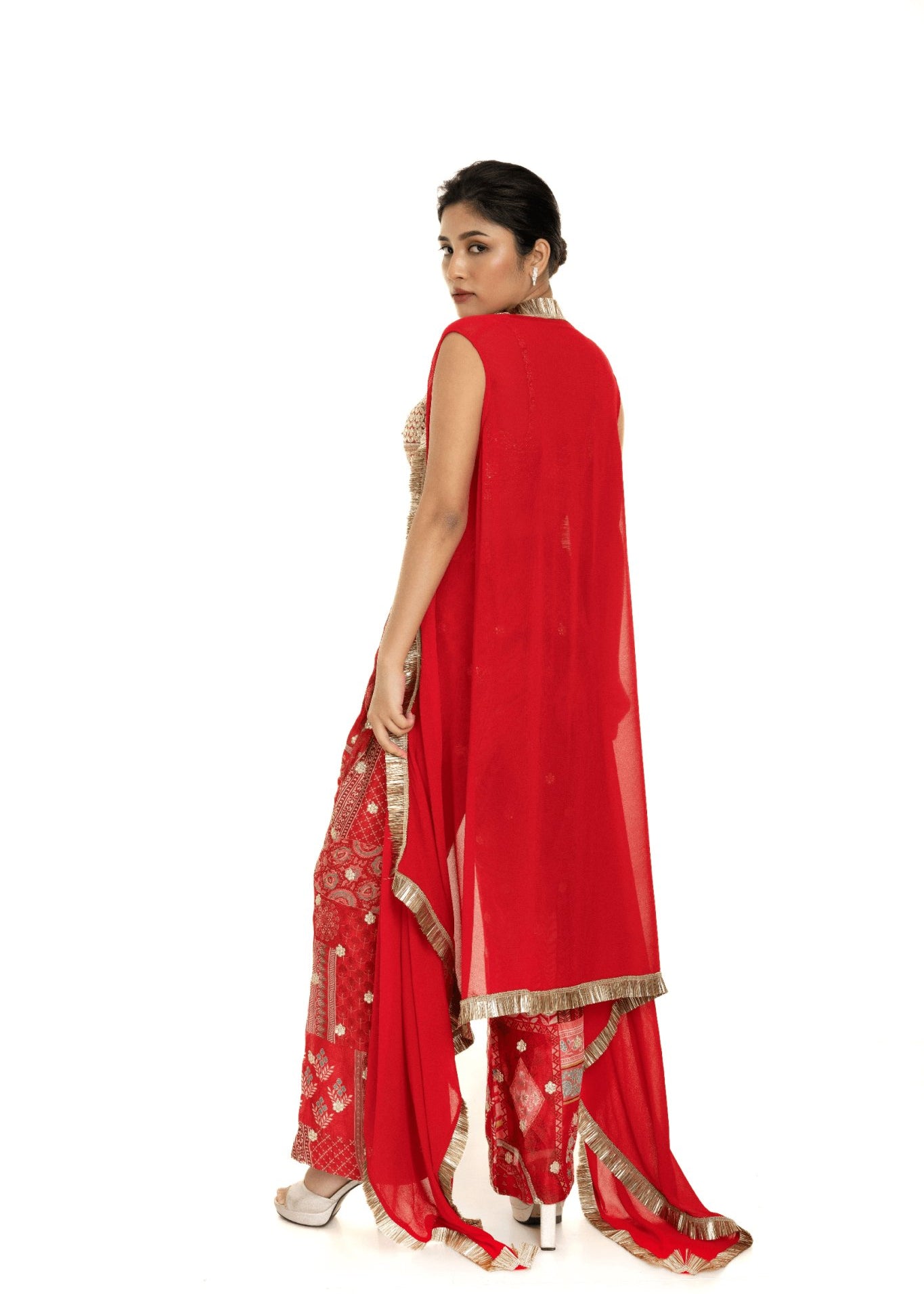 Red Cape Set with Embroidered Crop Top and Printed Palazzo - Anvi Couture