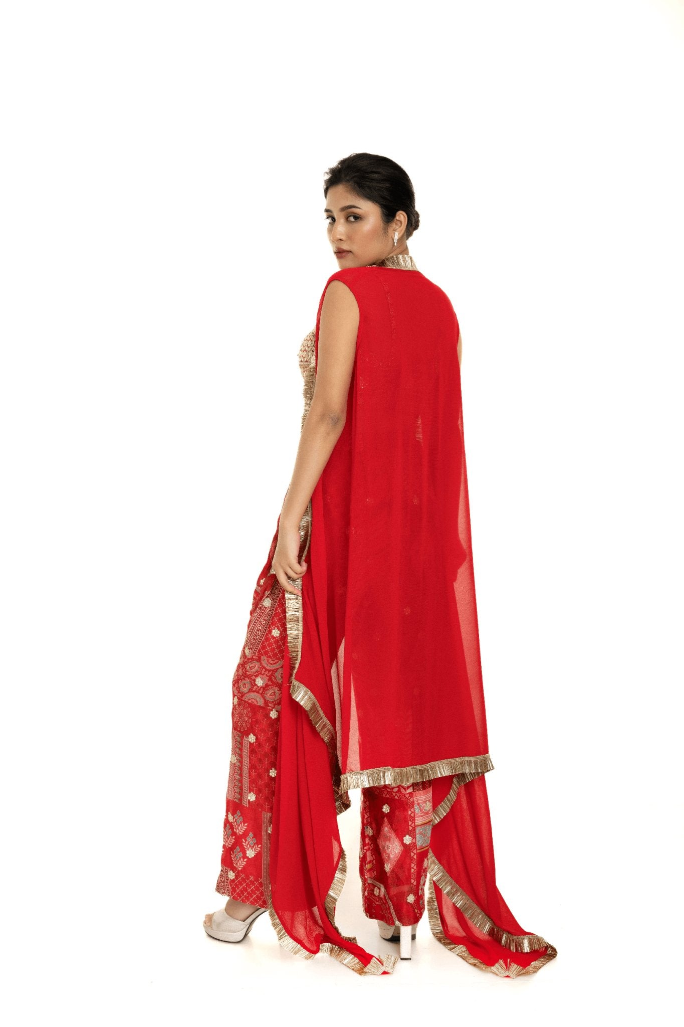 Red Cape Set with Embroidered Crop Top and Printed Palazzo - Anvi Couture