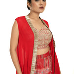 Red Cape Set with Embroidered Crop Top and Printed Palazzo - Anvi Couture