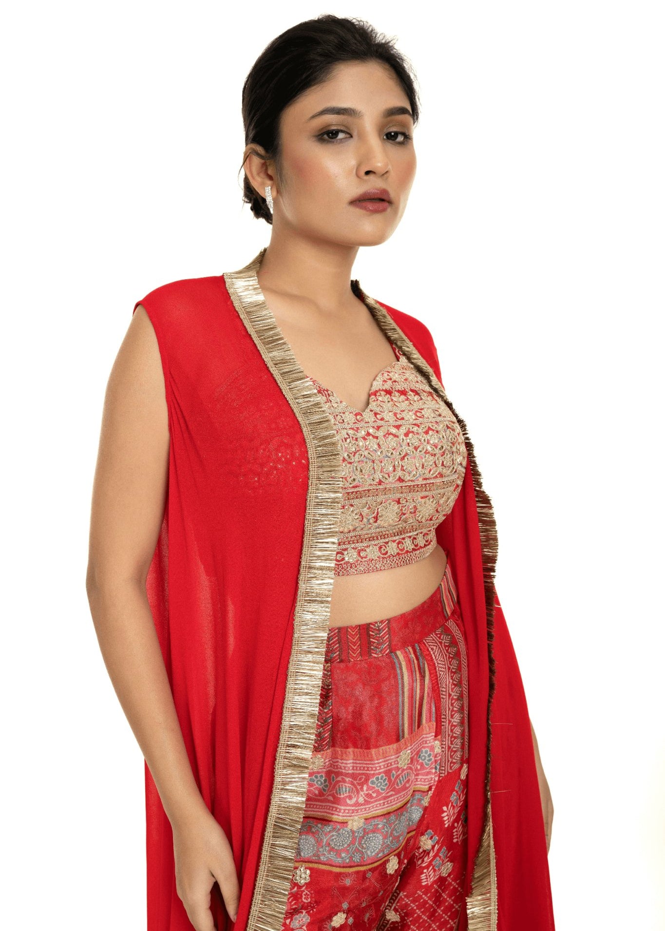 Red Cape Set with Embroidered Crop Top and Printed Palazzo - Anvi Couture