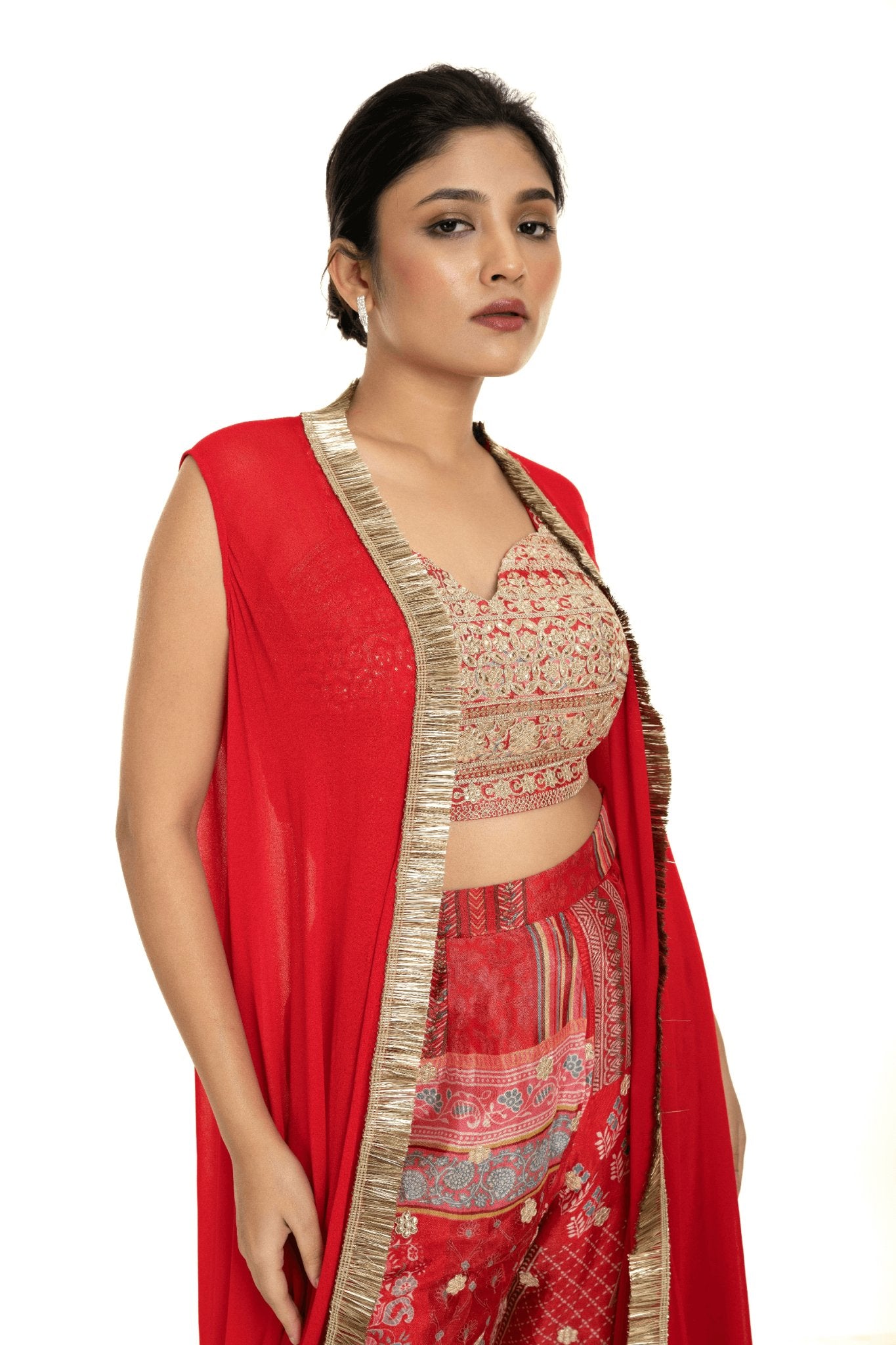 Red Cape Set with Embroidered Crop Top and Printed Palazzo - Anvi Couture