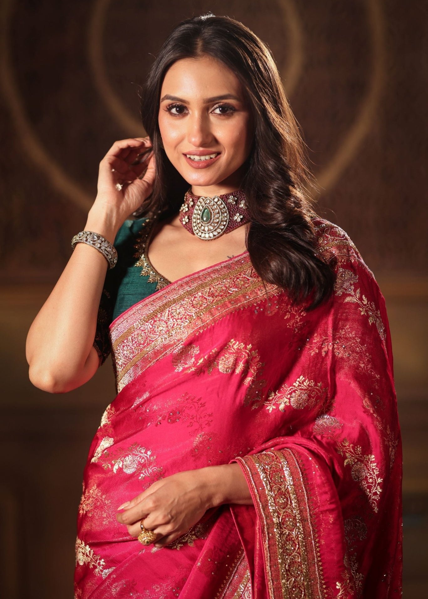 Pink Bridal Banarasi Mashru Silk Saree With Hand Embroidered Work - Anvi Couture