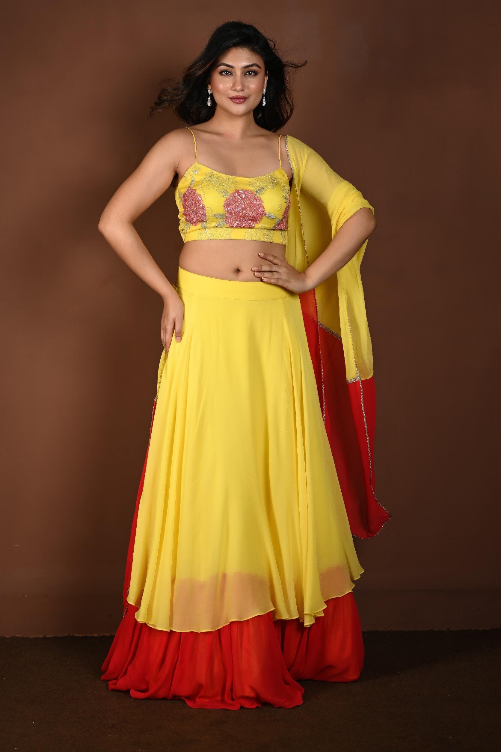 Yellow and Red Double Layered Lehenga Set with Embroidered Choli - Anvi Couture