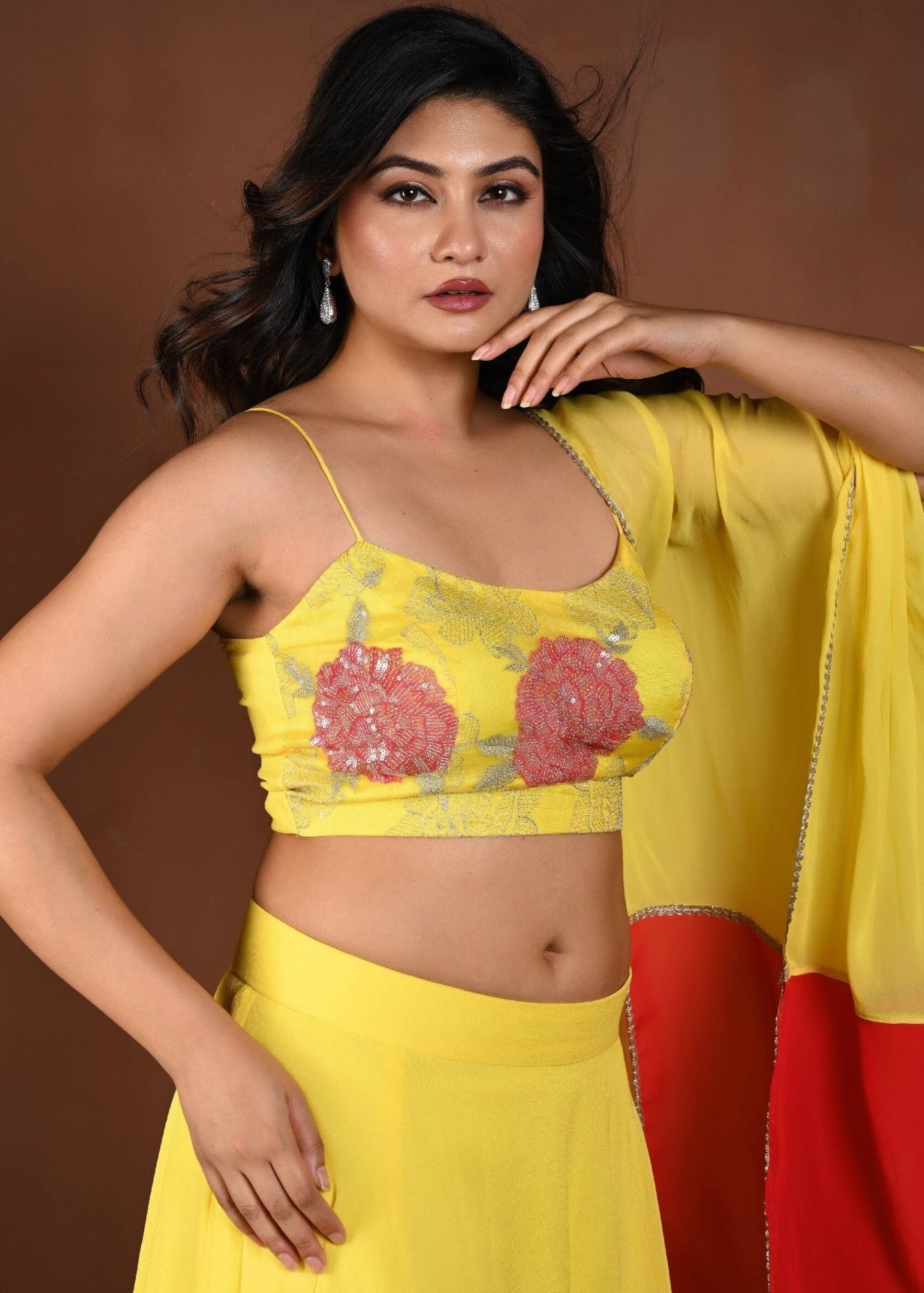 Yellow and Red Double Layered Lehenga Set with Embroidered Choli - Anvi Couture