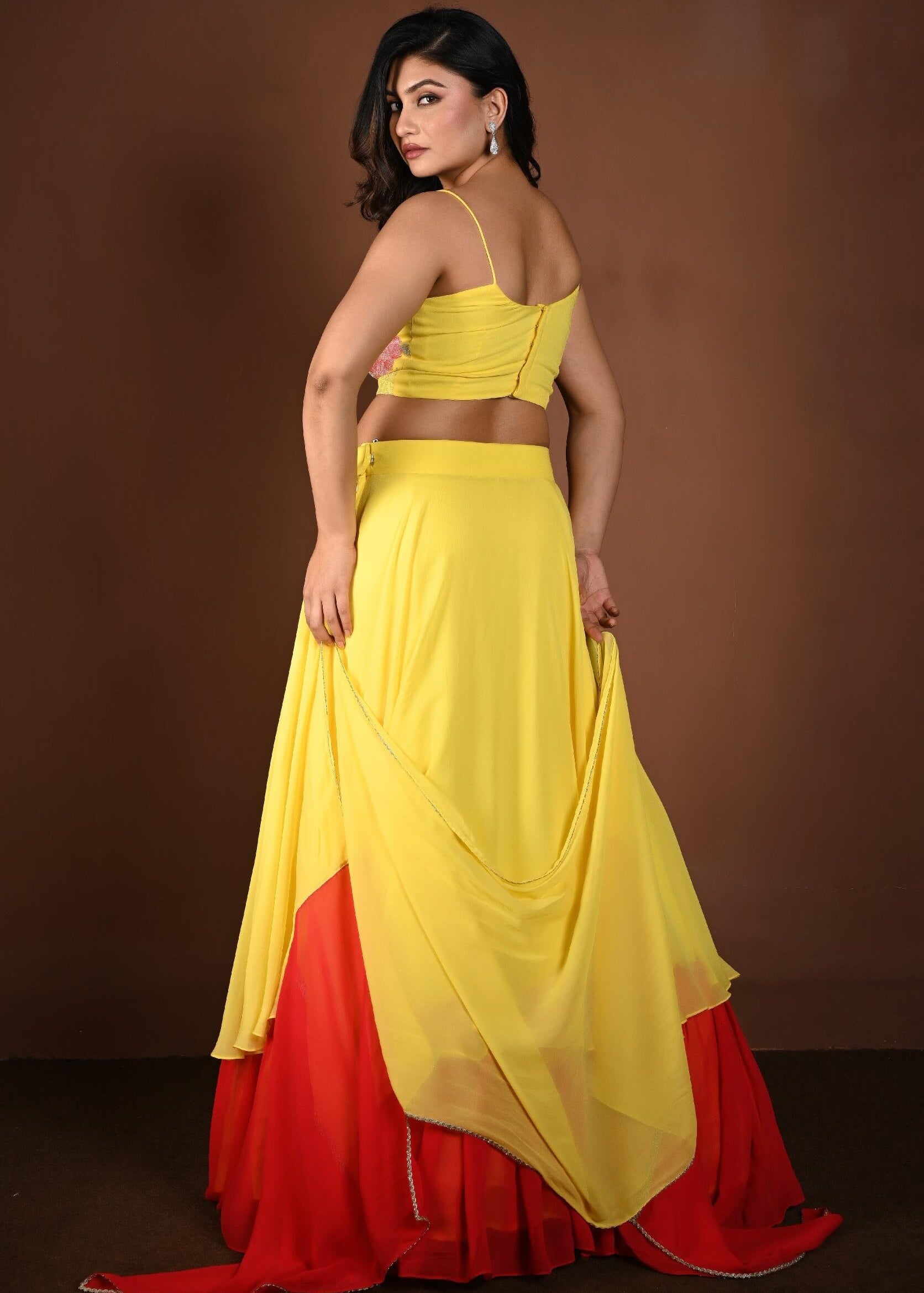Yellow and Red Double Layered Lehenga Set with Embroidered Choli - Anvi Couture