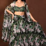Green Printed Cape Lehenga Set with Hand Embroidered Work - Anvi Couture