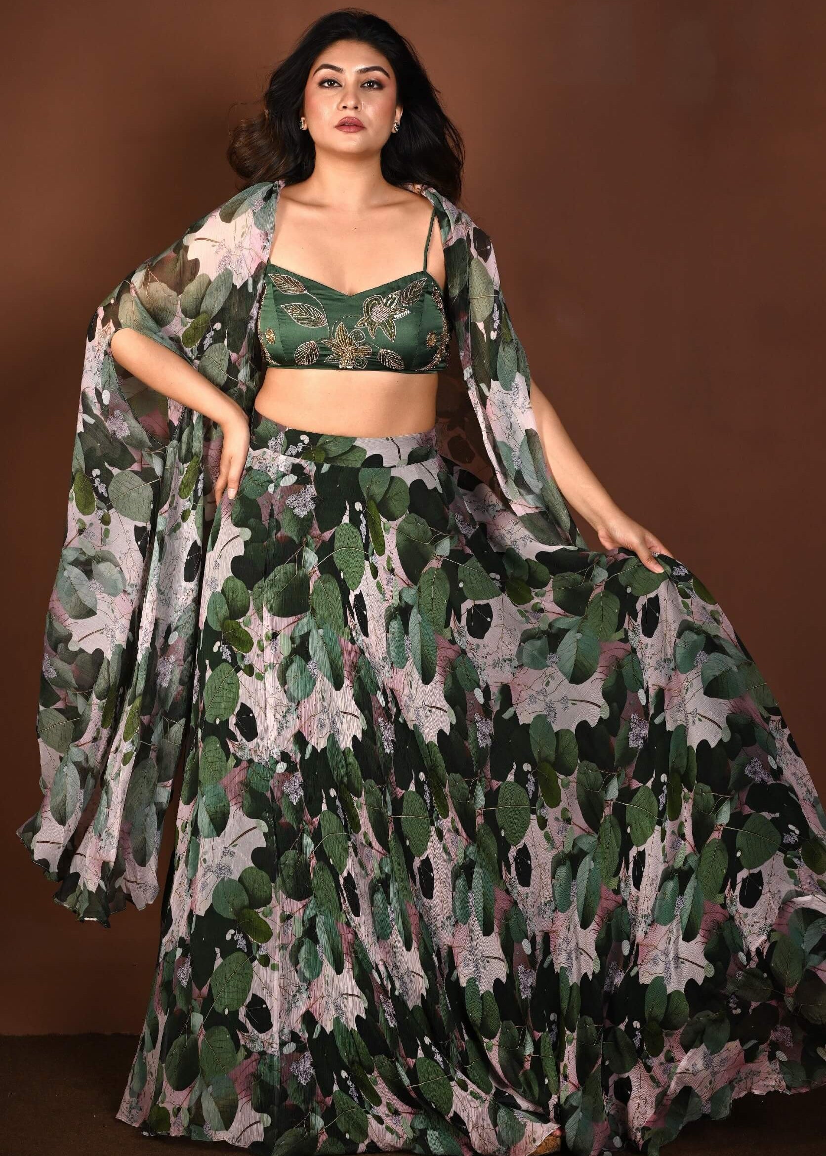 Green Printed Cape Lehenga Set with Hand Embroidered Work - Anvi Couture