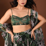 Green Printed Cape Lehenga Set with Hand Embroidered Work - Anvi Couture