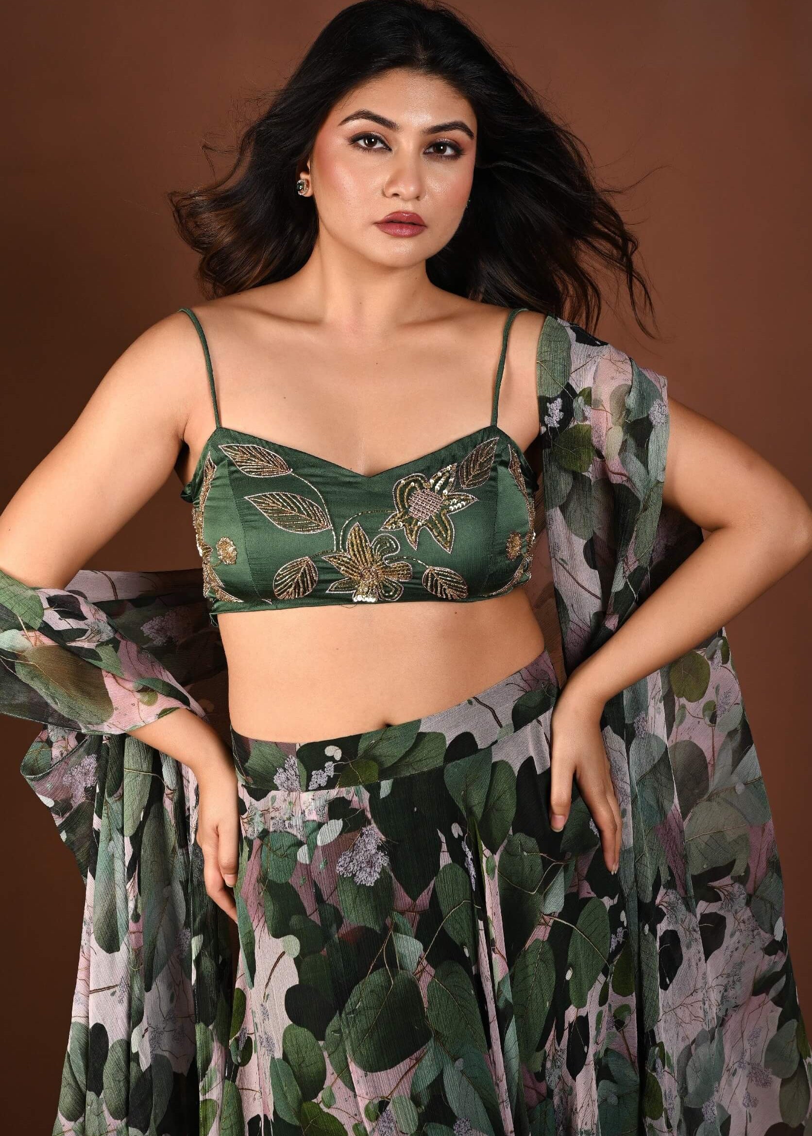 Green Printed Cape Lehenga Set with Hand Embroidered Work - Anvi Couture