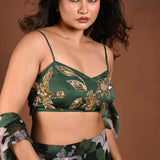 Green Printed Cape Lehenga Set with Hand Embroidered Work - Anvi Couture