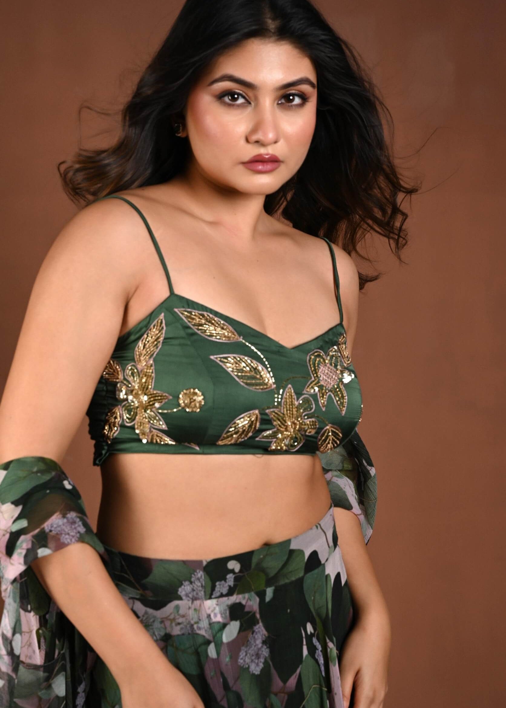 Green Printed Cape Lehenga Set with Hand Embroidered Work - Anvi Couture