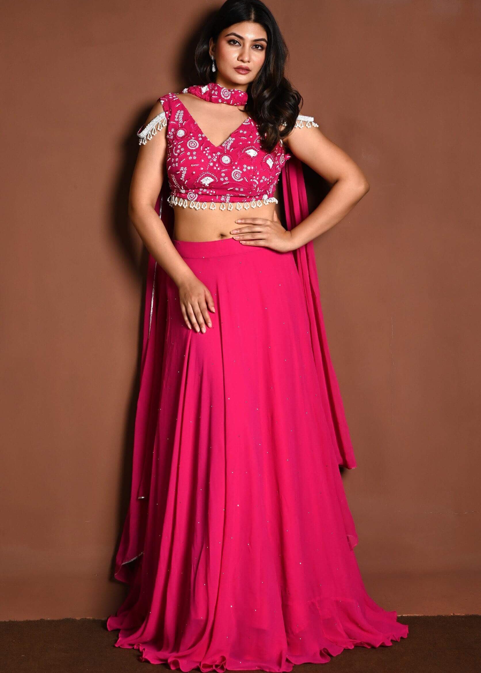 Bright Pink Lehenga Skirt and Embroidered Blouse Set with Dupatta - Anvi Couture