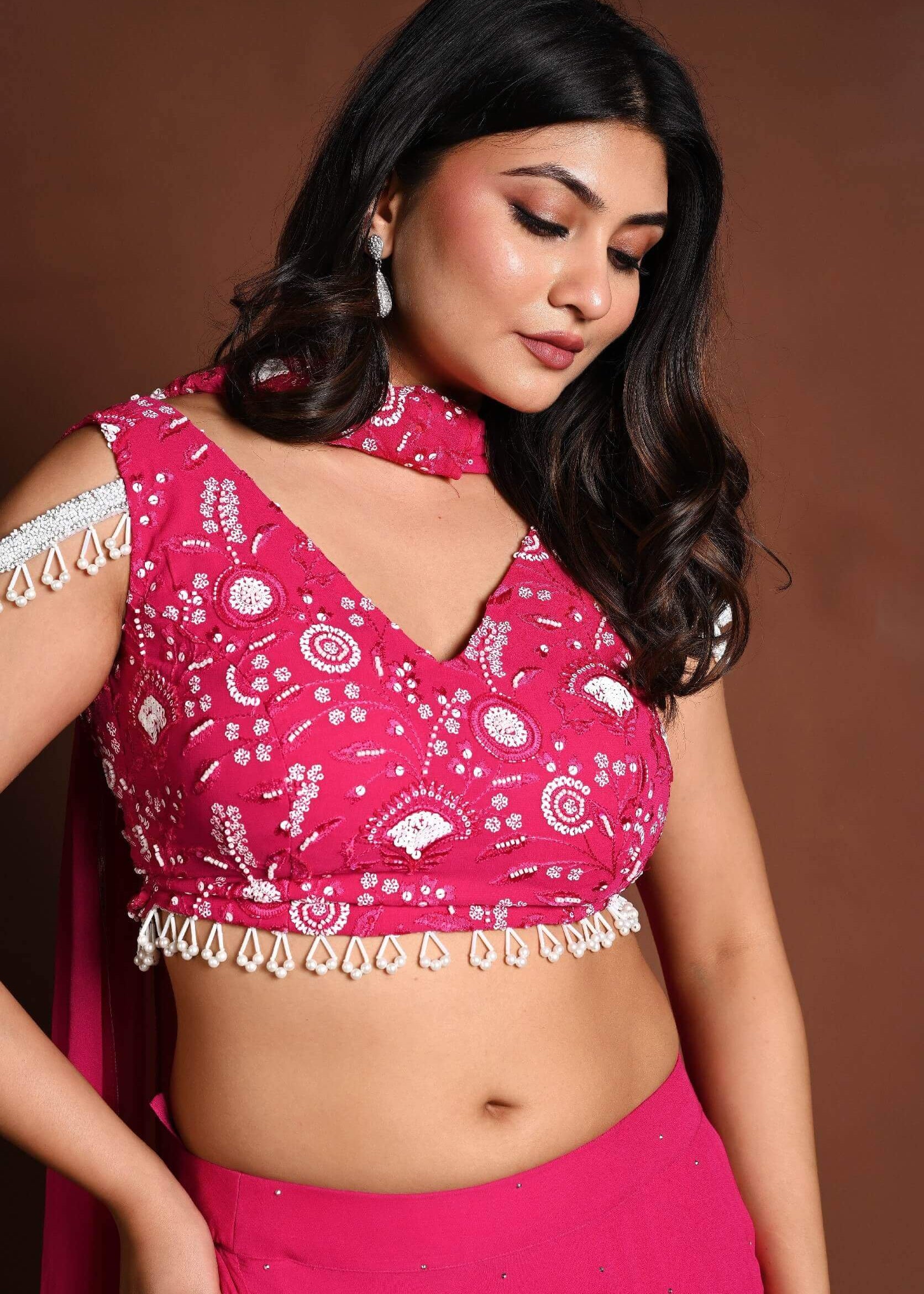 Bright Pink Lehenga Skirt and Embroidered Blouse Set with Dupatta - Anvi Couture