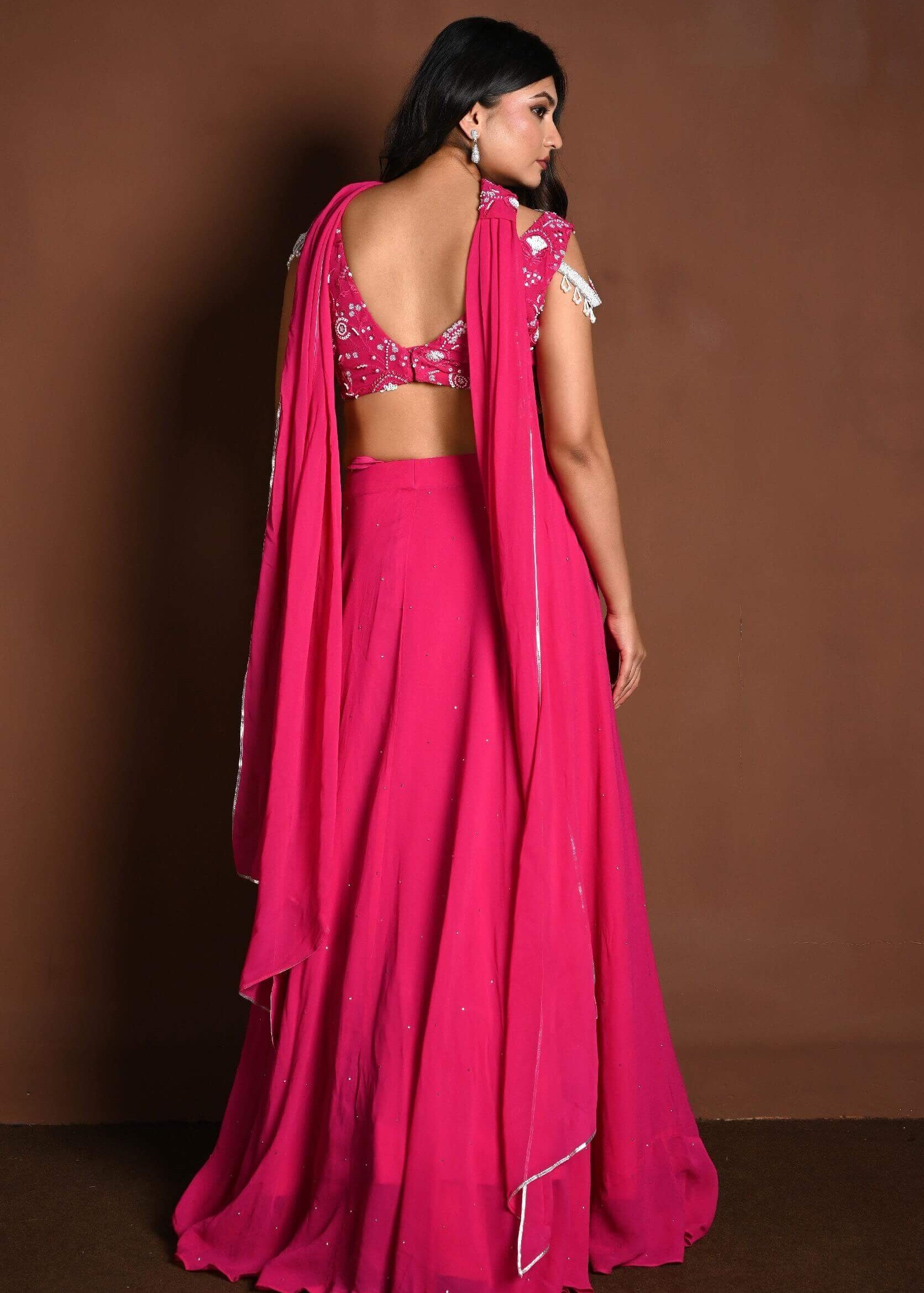 Bright Pink Lehenga Skirt and Embroidered Blouse Set with Dupatta - Anvi Couture