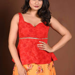 Yellow Floral Lehenga with Contrasting Red Peplum Choli - Anvi Couture