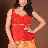Yellow Floral Lehenga with Contrasting Red Peplum Choli - Anvi Couture